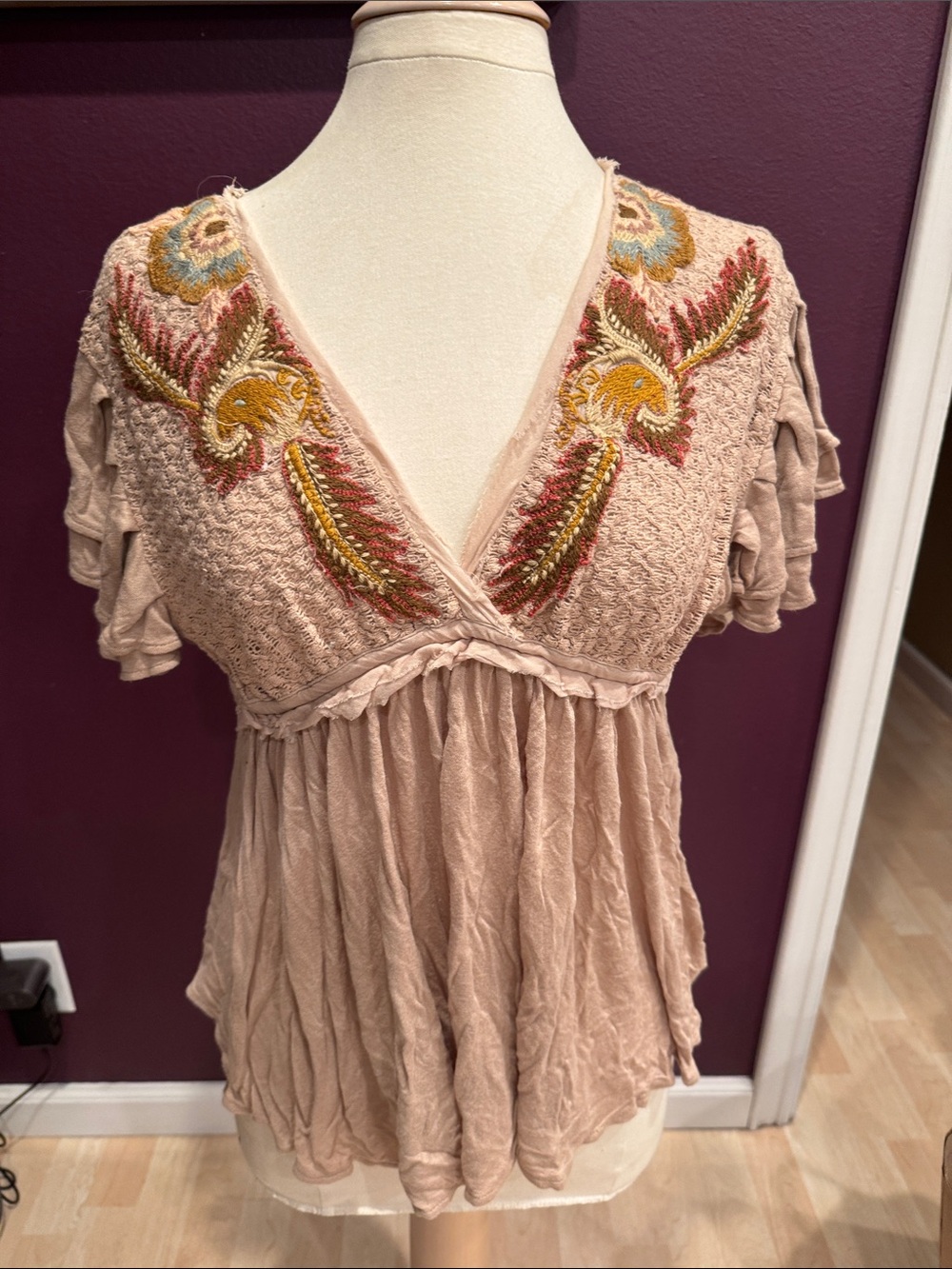 Free People Dusty Blush Embroidered V-Neck Tunic